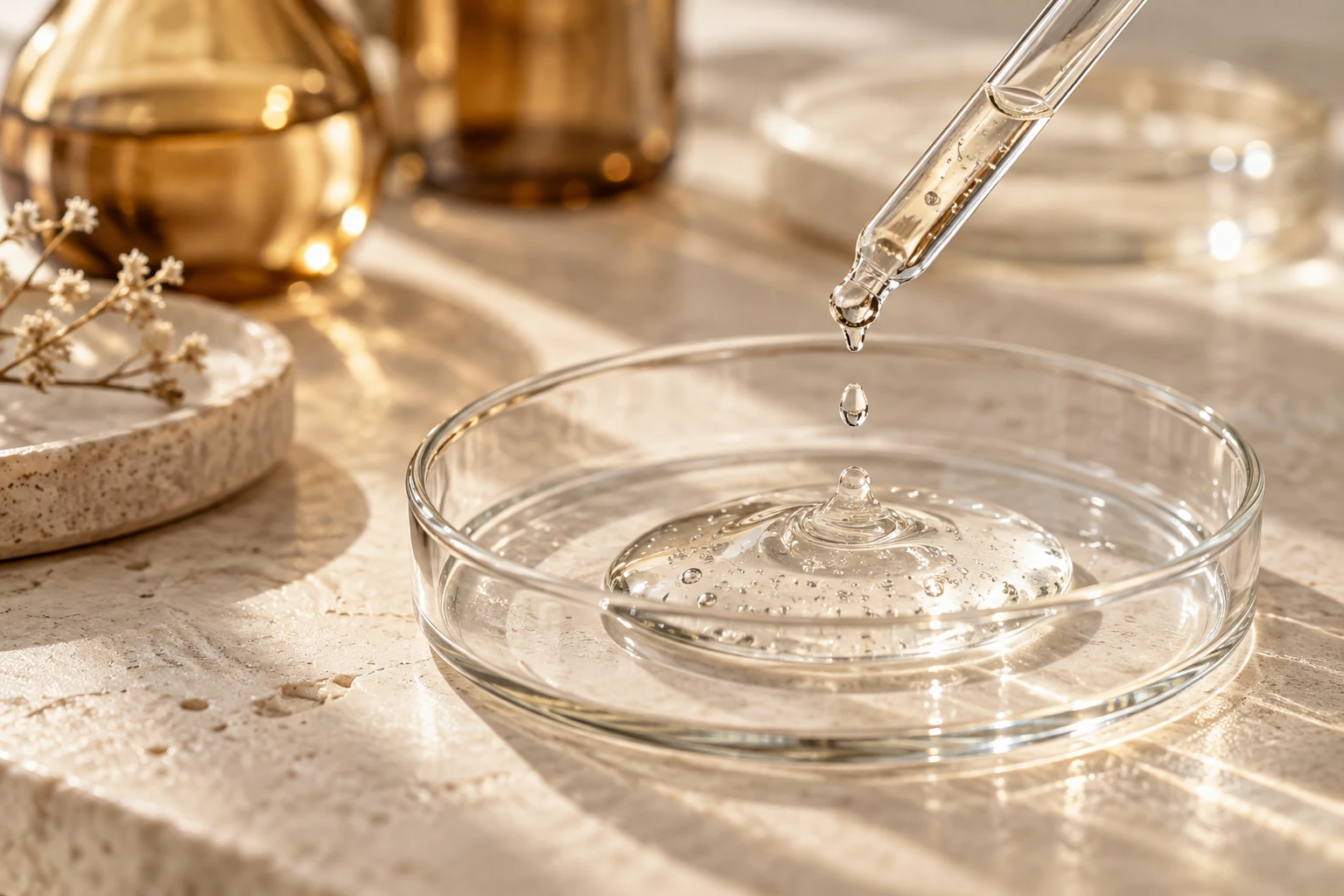 Conceptual glass and gel still life illustrating cosmetic science
