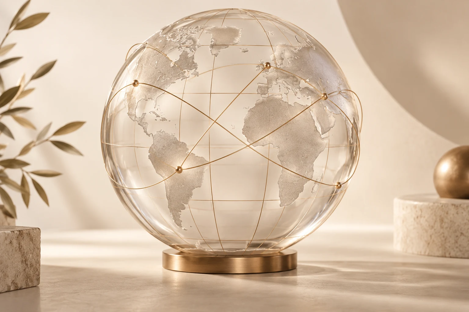 Conceptual glass globe and fine arcs representing international collaboration
